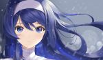  1girl bangs blue_eyes blue_hair chaesu character_request closed_mouth commentary copyright_request face hair_between_eyes hairband headband high_collar highres long_hair looking_at_viewer orie_(under_night_in-birth) swept_bangs under_night_in-birth white_hairband white_headband 