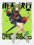  1girl absurdres bag bangs belt belt_buckle black_shirt black_skirt blue_eyes buckle character_request chinese_text chyoel copyright_name eyebrows_visible_through_hair full_body green_background green_hair green_jacket hair_ribbon highres holding holding_microphone holding_umbrella jacket long_sleeves medium_hair microphone navel one_side_up open_mouth rainybluebell red_ribbon ribbon shirt shoelaces shoes simple_background skirt smile sneakers socks solo stomach teeth umbrella white_footwear white_legwear 