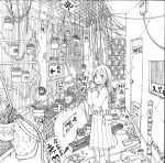  1girl absurdres bag directional_arrow door eyebrows_visible_through_hair greyscale handbag highres long_hair long_sleeves looking_at_viewer monochrome open_mouth original plant pleated_skirt potted_plant scenery sign skirt solo translation_request usio_ueda 