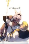  1boy 1girl animal_ears bangs bare_shoulders black_bikini_bottom black_gloves blonde_hair blue_eyes breasts caenis_(fate) cis05 croissant dark_skin eating elbow_gloves facial_hair fate/grand_order fate_(series) food formal gloves goldorf_musik hair_intakes hairband kneeling large_breasts long_hair lying mustache on_back plate polearm simple_background spear suit tattoo thighs very_long_hair weapon white_background white_bikini_top white_hair white_suit 