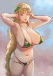  1girl armpits arms_behind_head arms_up bangs bikini blonde_hair blush braid breasts cleavage collarbone crown_braid demeter_(fate) earrings fate/grand_order fate_(series) green_bikini head_wreath jack_hamster jewelry large_breasts long_hair looking_at_viewer navel parted_lips smile solo swimsuit thighs very_long_hair yellow_eyes 