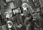  1boy 2girls absurdres artist_name bowl calendar_(object) cigarette closed_eyes directional_arrow earbuds earphones facing_another greyscale highres indoors long_hair looking_at_viewer looking_away monochrome multiple_girls original scenery short_hair smoking television twitter_username usio_ueda 