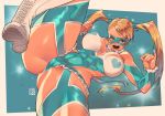  1girl abs aqua_eyes aqua_leotard bare_shoulders blonde_hair cameltoe covered_navel covered_nipples dated fingernails frills heart leg_up leotard mask muscle muscular_female open_mouth poch4n rainbow_mika signature smile solo street_fighter sweat teeth tongue twintails white_footwear 