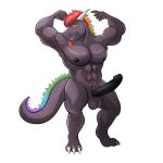  1:1 abs alpha_channel anthro armpit_hair balls biceps black_body black_scales body_hair demon digital_media_(artwork) dragon erection flexing genitals hair kalidragon loki_rel_zephyr looking_at_viewer male muscular muscular_male nipples nude pecs penis pose scales scalie show_off smile solo standing 