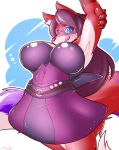  anthro big_breasts big_tail black_nose blue_eyes breasts canid canine clothed clothing countershade_torso countershading day-t dipstick_tail dress eyewear female fox fur glasses hair hi_res huge_breasts looking_at_viewer mammal multi_tail multicolored_tail purple_eyes red_body red_fox simple_background smile solo sparks_fox thick_tail tongue tongue_out tuft white_countershading 