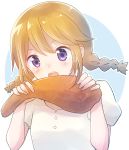  1girl absurdres braid brown_hair eating food highres kuutei_dragons meat nyaa_(nnekoron) open_mouth purple_eyes shirt short_hair short_twintails simple_background solo takita_(kuutei_dragons) twintails upper_body white_shirt 