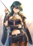  1girl bangs belt black_cape black_shorts blush breasts byleth_(fire_emblem) byleth_(fire_emblem)_(female) cape dagger detached_collar fire_emblem fire_emblem:_three_houses gradient gradient_background green_eyes green_hair hair_between_eyes highres large_breasts looking_at_viewer mashuu_(neko_no_oyashiro) medium_hair navel pantyhose parted_lips pointer sheath shorts solo thighs weapon 