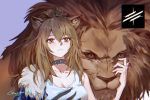  1girl animal_ear_fluff animal_ears arknights artist_name bangs bare_shoulders black_jacket breasts brown_eyes brown_hair chinese_commentary choker cleavage commentary_request eyebrows_visible_through_hair fur-trimmed_jacket fur_trim gongxiao_zao hair_between_eyes jacket lion lion_ears long_hair looking_at_viewer medium_breasts partial_commentary purple_background siege_(arknights) signature simple_background tank_top upper_body white_tank_top 