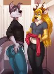  2020 anthro antlers blonde_hair blue_eyes bulge butt butt_pose canid canine canis cervid clothed clothing digital_media_(artwork) domestic_dog duo girly hair hi_res horn male mammal pose salkitten smile tight_clothing 