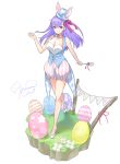  1girl alternate_costume animal_ears bangs bare_shoulders blue_headwear blue_vest blush breasts bunny_ears cleavage coattails easter easter_egg egg fate/grand_order fate_(series) flower full_body hair_ribbon hat high_heels highres kama_(fate/grand_order) large_breasts lavender_hair legs long_hair looking_at_viewer pink_ribbon pink_shorts puffy_shorts purple_eyes ribbon shorts signature simple_background smile solo striped striped_shorts top_hat vest white_background white_footwear yamamura_umi 