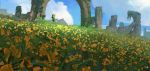  1boy absurdres blonde_hair blue_sky cloud field flower flower_field grass green_tunic highres holding holding_sword holding_weapon link ruins samuel_smith scenery sky solo standing sword the_legend_of_zelda weapon 