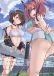  2girls absurdres ass azur_lane baltimore_(azur_lane) baltimore_(black_ace)_(azur_lane) bangs bare_shoulders blush bow breasts bremerton_(azur_lane) bremerton_(scorching-hot_training)_(azur_lane) brown_hair commentary_request crop_top crop_top_overhang embarrassed eyebrows_visible_through_hair from_behind grey_hair hair_between_eyes hair_bow hair_ornament hairclip harris_hero highres large_breasts long_hair looking_at_viewer multicolored_hair multiple_girls no_mole open_mouth outdoors panties pink_hair shirt side-tie_panties sleeveless sleeveless_shirt smile sportswear streaked_hair striped striped_panties tennis_court tennis_net tennis_uniform twintails two-tone_hair two-tone_shirt two-tone_skirt underwear white_sports_bra x_hair_ornament yellow_eyes 