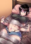  1girl black_hair black_panties blue_eyes bound bound_legs breasts covered_nipples crop_top doubutsu_no_mori highleg highleg_panties highres impossible_clothes impossible_shirt large_breasts lying midriff navel_piercing on_back on_bed original panties piercing pillow ryuusei&#039;s_short-haired_girl ryuusei_(mark_ii) shirt short_hair short_shorts shorts silk spider_web taut_clothes taut_shirt thick_thighs thighhighs thighs underwear w_arms 