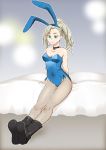  1girl animal_ears blonde_hair boots breasts bunny_ears bunnysuit closed_mouth graphite_(medium) kuutei_dragons long_hair millipen_(medium) onnaski solo traditional_media vannabelle 