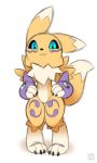  3:5 :3 anthro armwear blue_eyes clothing detached_sleeves digimon digimon_(species) digitigrade dipstick_ears dipstick_tail female fur hands_on_hips multicolored_ears multicolored_tail renamon solo xylas yellow_body yellow_fur 