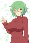  1girl breasts cherry_blossoms eyebrows eyebrows_visible_through_hair green_hair hand_up highres hikage_(senran_kagura) ichiryuu_tsumiki large_breasts looking_at_viewer petals red_sweater ribbed_sweater senran_kagura short_hair sweater turtleneck turtleneck_sweater white_background yellow_eyes 