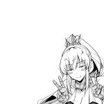  1girl blush blush_stickers breasts cleavage closed_mouth double_v eyebrows_visible_through_hair gentsuki greyscale highres large_breasts long_hair looking_at_viewer monochrome ponytail princess_knight_(gentsuki) shachiku_succubus_no_hanashi smile smug solo v 