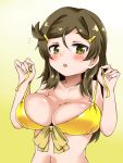  1girl amakawa_ginga bikini breasts brown_hair cleavage collarbone commentary_request embarrassed gradient gradient_background hair_ornament hairclip highres large_breasts long_hair looking_at_viewer shinomiya_himawari solo swimsuit upper_body vividred_operation white_background yellow_background yellow_bikini yellow_eyes 