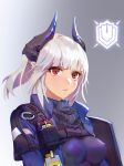  1girl arknights bangs blue_jacket breasts commentary gongxiao_zao gradient gradient_background grey_background horns jacket liskarm_(arknights) long_hair looking_at_viewer medium_breasts ponytail red_eyes silver_hair solo upper_body 
