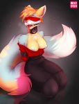  2020 anthro areola blindfold breasts canid canine clothed clothing female fox hi_res kneeling mammal moddish nipples open_mouth red_nose solo teeth tongue 