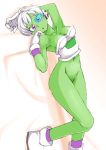  1girl armor boots breasts cheelai cleavage commentary_request dragon_ball_super_broly gloves graphite_(medium) green_skin looking_at_viewer millipen_(medium) onnaski purple_eyes scouter short_hair shorts solo traditional_media white_gloves white_hair 