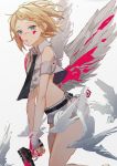 1girl 9degree absurdres angel_wings bird blonde_hair blood blood_on_face bloody_wings blue_eyes commentary crop_top feathered_wings fingerless_gloves from_side gloves grey_gloves grey_jacket grey_shorts grey_wings gun highres holding holding_gun holding_weapon jacket kagamine_rin looking_at_viewer looking_to_the_side necktie parted_lips short_hair short_shorts shorts sleeveless sleeveless_jacket solo symbol_commentary vocaloid weapon wing_collar wings 