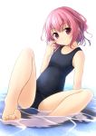  1girl barefoot black_swimsuit bob_cut eyebrows_visible_through_hair flat_chest highres looking_at_viewer old_school_swimsuit original pink_hair red_eyes school_swimsuit shibacha short_hair simple_background sitting smile soaking_feet soles solo swimsuit water wavy_hair white_background 