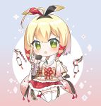  1girl ahoge azur_lane bangs black_gloves blonde_hair blush chibi commentary eyebrows_visible_through_hair fur-trimmed_kimono fur_trim furisode gloves green_eyes hair_ribbon hairband japanese_clothes kimono long_sleeves looking_at_viewer obi obijime open_mouth pleated_skirt red_ribbon red_skirt ribbon sash short_hair sidelocks skirt solo southampton_(azur_lane) southampton_(new_year&#039;s_little_knight) thighhighs tsukimiya_yuuko white_legwear 