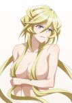  1girl blonde_hair blue_eyes breasts carol_malus_dienheim cleavage collarbone convenient_censoring hair_censor hair_over_breasts highres large_breasts long_hair looking_at_viewer miyumitu_rsm mole mole_under_eye nude parted_lips senki_zesshou_symphogear shiny shiny_hair shiny_skin smile solo upper_body very_long_hair 