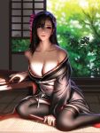  1girl alternate_costume bare_shoulders black_hair black_legwear branch breasts brown_eyes collarbone final_fantasy final_fantasy_vii final_fantasy_vii_remake flower hair_flower hair_ornament highres japanese_clothes kimono large_breasts liang_xing looking_at_viewer off_shoulder parted_lips shade sitting solo table thighhighs tifa_lockhart wariza 