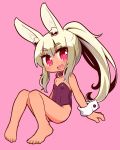  1girl :d animal_ear_fluff animal_ears bangs bare_legs bare_shoulders barefoot blush breasts bunny_ears collar collarbone commentary_request eyebrows_visible_through_hair full_body hair_between_eyes heart heart-shaped_pupils high_ponytail highres knees_up leotard light_brown_hair long_hair looking_at_viewer masurao_(sekaiju) naga_u open_mouth pink_background ponytail purple_leotard red_collar red_eyes sekaiju_no_meikyuu sekaiju_no_meikyuu_5 sidelocks simple_background sitting small_breasts smile solo strapless strapless_leotard symbol-shaped_pupils thick_eyebrows upper_teeth very_long_hair wrist_cuffs 