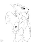  1:1 anthro armwear clothing detached_sleeves digimon digimon_(species) dipstick_ears dipstick_tail featureless_crotch female monochrome multicolored_ears multicolored_tail renamon simple_background sketch solo xylas yin_yang 