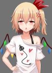  1girl anger_vein bangs bare_shoulders blonde_hair blush bra_strap chinese_commentary commentary_request crystal eyebrows_visible_through_hair flandre_scarlet grey_background hair_between_eyes hair_ribbon hand_on_hip heart highres laevatein looking_at_viewer no_hat no_headwear off-shoulder_shirt off_shoulder one_side_up open_mouth red_eyes red_ribbon ribbon shirt short_hair short_sleeves simple_background solo t-shirt touhou upper_body white_shirt wings wuwusan 