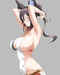  animal_ears armpit_peek back black_hair breasts granblue_fantasy hand_behind_head highres ilsa_(granblue_fantasy) impossible_clothes looking_to_the_side red_eyes sideboob silentmag tied_hair white_background 