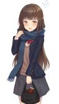  1girl adjusting_scarf bangs blue_scarf blunt_bangs brown_eyes brown_hair embarrassed eyebrows_visible_through_hair flying_sweatdrops grey_skirt highres long_hair long_sleeves looking_at_viewer original parted_lips scarf school_uniform shands skirt valentine very_long_hair wavy_mouth 