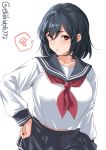  1girl alternate_costume arm_at_side bangs black_hair blush breasts collarbone cowboy_shot ebifurya hand_on_hip highres kantai_collection large_breasts long_sleeves looking_at_viewer parted_lips pleated_skirt red_eyes sailor_collar school_uniform serafuku short_hair skirt solo speech_bubble spoken_squiggle squiggle twitter_username white_background yamashiro_(kantai_collection) 