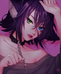  animal_ear_fluff animal_ears bare_shoulders blue_eyes choker clenched_hands fang fang_out food green_eyes heterochromia original pocky purple_hair shari_cote thick_lips 