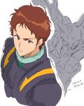  1boy brown_eyes brown_hair dated from_above gundam_hathaway&#039;s_flash hathaway_noa highres looking_to_the_side mecha sketch spacesuit white_background xi_gundam yanada_kiyorin 