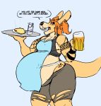  2019 alcohol anthro apron azria beer belly beverage big_belly bottomwear brown_eyes clothing ear_piercing english_text female food fur glass kangaroo macropod mallory_dunn mammal marsupial orange_body orange_fur pants piercing platter pregnant ritts solo speech_bubble tan_body tan_fur tattoo text thick_thighs torn_bottomwear torn_clothing torn_pants waiter water 