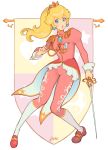  1girl aiguillette alternate_costume blonde_hair blue_eyes brooch commentary crown earrings emblem epaulettes full_body highres holding holding_sword holding_weapon jacket jewelry jivke juliet_sleeves left-handed lips long_hair long_sleeves mario_(series) medal mini_crown pink_footwear pink_jacket ponytail princess_peach puffy_sleeves rapier shoes signature solo star sword weapon 