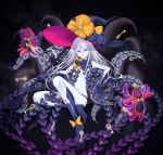  1girl abigail_williams_(fate/grand_order) bangs bare_shoulders black_bow black_headwear black_panties bow breasts fate/grand_order fate_(series) feet forehead hat highres kamineko8 keyhole legs long_hair multiple_bows orange_bow panties parted_bangs red_eyes small_breasts solo tentacles third_eye underwear white_hair white_skin witch_hat 