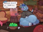  animal_crossing anthro belly blue_body blue_fur bottomless bovid caprine clothed clothing detailed_background eating food fruit fur goat male mammal navel nintendo overweight overweight_male pear plant plushclover sherb_(animal_crossing) solo video_games weight_gain 