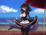  2017 4:3 anthro blue_body breasts brown_hair choker clothing day female fish general-irrelevant hair jewelry jv legwear long_tail maid_uniform marine necklace outside parasol sea shark smile solo stockings uniform water yellow_eyes 