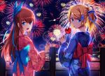  2girls animal blonde_hair blue_bow blue_eyes blue_kimono blue_ribbon bow brown_hair candy_apple commentary_request cowboy_shot eyebrows_visible_through_hair fireworks fish floral_print flower food from_behind goldfish hair_ribbon hand_up highres holding holding_food japanese_clothes kimono long_hair long_sleeves looking_at_viewer looking_back medium_hair multiple_girls night original outdoors pink_kimono ponytail red_bow ribbon standing sumomo_(sunrainday) tongue tongue_out wide_sleeves 