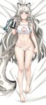  1girl absurdres animal_ear_fluff animal_ears arknights ass_visible_through_thighs bandeau bangs bare_arms bare_legs bare_shoulders barefoot bed_sheet bell bra braid breasts cat_cutout cat_lingerie chinese_commentary cleavage_cutout collarbone commentary_request eyebrows_visible_through_hair frills full_body grey_eyes groin hand_up highres holding holding_bell incredibly_absurdres large_breasts leopard_ears leopard_tail long_hair looking_at_viewer lying meme_attire navel on_back parted_lips pramanix_(arknights) silver_hair solo stomach tail thighs twin_braids underwear very_long_hair white_bra ying_jing_meng 