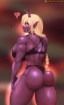  2019 asian_mythology back_muscles big_butt bikini blonde_hair bodily_fluids butt clothing demon digital_media_(artwork) east_asian_mythology female hair hi_res horn humanoid humanoid_pointy_ears japanese_mythology looking_at_viewer looking_back muscular muscular_female mythology not_furry oni purple_body purple_skin solo sprinklepoo sweat swimwear thick_thighs yōkai 