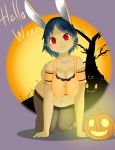  2016 all_fours blush breasts cleavage clothed clothing collarbone denyfake female food front_view fruit fur hair halloween hi_res holidays lagomorph leporid looking_at_viewer mammal multicolored_clothing plant pumpkin rabbit red_eyes smile solo topwear 