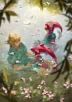  2020 absurd_res anthro blonde_hair breath_of_the_wild cherry_blossom detailed_background female hair headpiece hi_res humanoid hylian jewelry link male marine mipha nintendo nuavic plant prince_sidon smile swimming the_legend_of_zelda video_games water zora 