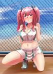  1girl :0 absurdres azur_lane bangs bare_legs bare_shoulders beach blue_sky blurry blurry_background blush breast_suppress breasts bremerton_(azur_lane) bremerton_(scorching-hot_training)_(azur_lane) chain-link_fence cleavage cloud collarbone collared_shirt commentary_request covered_nipples crop_top crop_top_overhang day eyebrows_visible_through_hair fence full_body green_footwear green_skirt grey_hair hair_between_eyes hair_intakes hair_ornament hairclip heart heart_necklace highres large_breasts li_fanfan long_hair looking_at_viewer midriff multicolored_hair navel no_mole ocean open_mouth outdoors pink_eyes pink_hair sand shadow shirt shoes sidelocks skirt sky sleeveless sleeveless_shirt sneakers solo sportswear squatting streaked_hair tennis_uniform thighs twintails two-tone_hair two-tone_shirt two-tone_skirt white_shirt white_skirt x_hair_ornament 