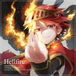  1boy capelet evil_smile fire flame holding holding_weapon looking_at_viewer negi-mamire red_capelet red_eyes red_hair short_hair smile solo sound_voltex tagme tsumabuki_right weapon 